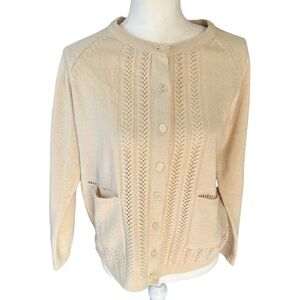 National beige ivory knit cardigan sweater pockets women petite medium retro